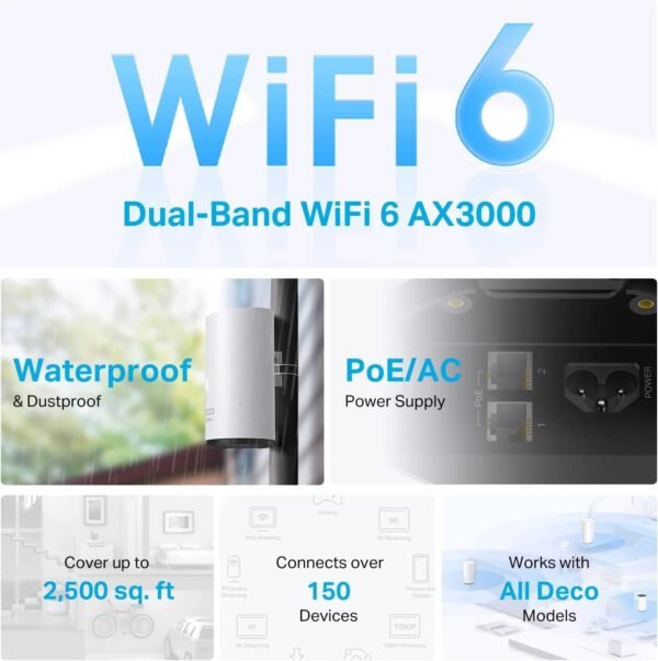 TP-Link Deco Outdoor Mesh WiFi (Deco X50-Outdoor), AX3000 Dual Band WiFi 6 Mesh, 2 Gigabit PoE Ports, Weatherproof, 1-Pack (Renewed)