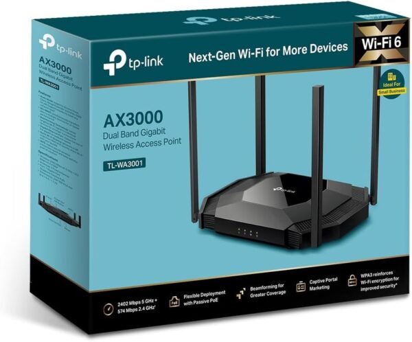 61UXm-AS3mL._AC_SL1000_.jpg TP-Link TL-WA3001 WiFi 6 AX3000 Wireless Gigabit Access Point | Desktop Wi-Fi Bridge | HE160 & Beamforming | Supports Multi SSID/Client/Range Extender Mode | 4 Fixed Antennas | Passive PoE Powered