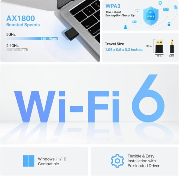 TP-Link Nano USB WiFi 6 Adapter for PC(Archer TX20U Nano) - AX1800 2.4G/5G Dual-Band Wireless Network Transceiver Adapter for Desktop PC, OFDMA, MU-MIMO, WPA3, Travel Size, Supports Windows 11/10