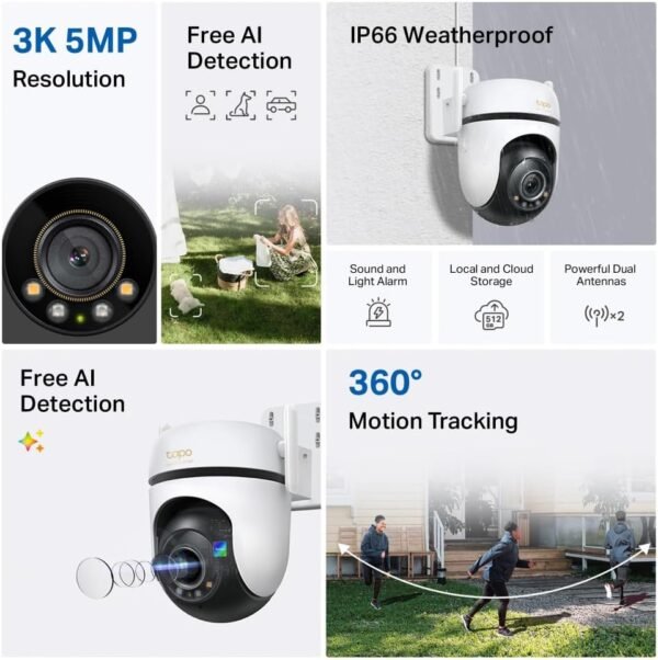 61fsQhkeC9L._AC_SL1000_.jpg Tapo 3K 5MP Outdoor Pan/Tilt Security Wi-Fi Camera – 360° View, Free Person/Vehicle Detection, Starlight Color Night Vision, IP66, Sound and Light Alarm, Works w/Alexa and Google Home, VistaCam 360°