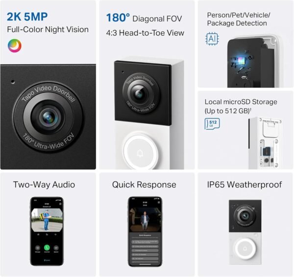 71KB5wGhLPL._AC_SL1500_.jpg Tapo TP-Link Smart Video Doorbell Camera Wired, 2K 5MP, Color Night Vision, 180° Ultra-Wide FOV, 2-Way Audio, Free AI Detection, Cloud & SD Card Storage, Works w/Alexa & Google Home, D130