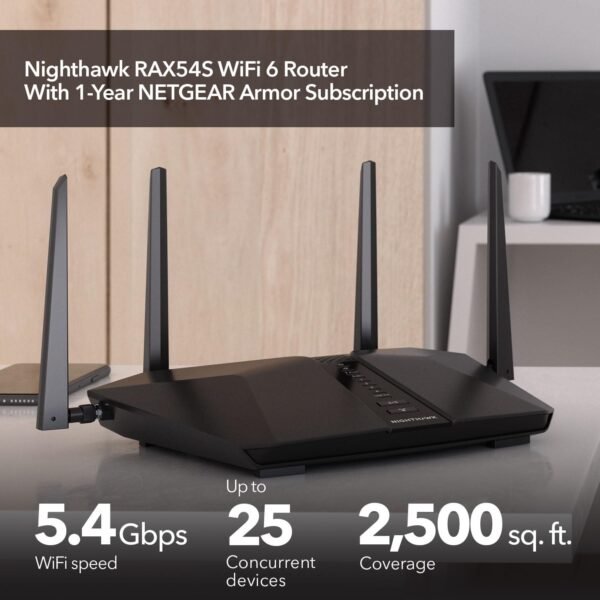 NETGEAR Nighthawk 6-Stream Dual-Band WiFi 6 Router (RAX54S) – Security Features, AX5400 Wireless Speed, Up to 5.4 Gbps, Covers up to 2,500 sq. ft., 25 Devices - 1-Year Armor Subscription Included