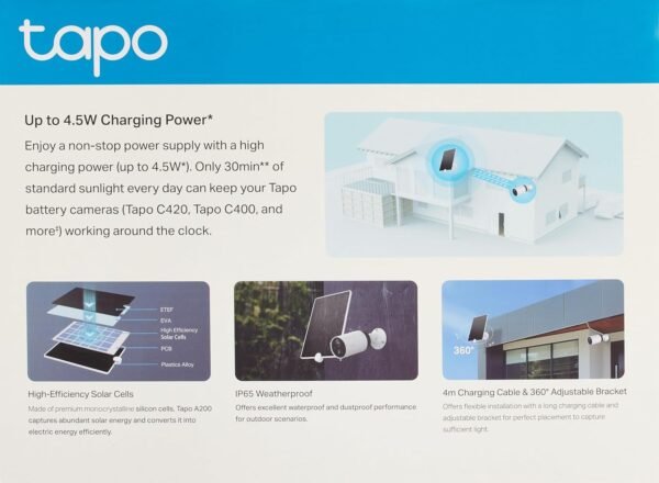 TP-Link Solar Panel A200, Compatible with Tapo MagCam C425, Tapo C420, Long-Lasting Charging Power with High-Efficiency Solar Cells, IP65 Weatherproof, 360 Adjustable Angle