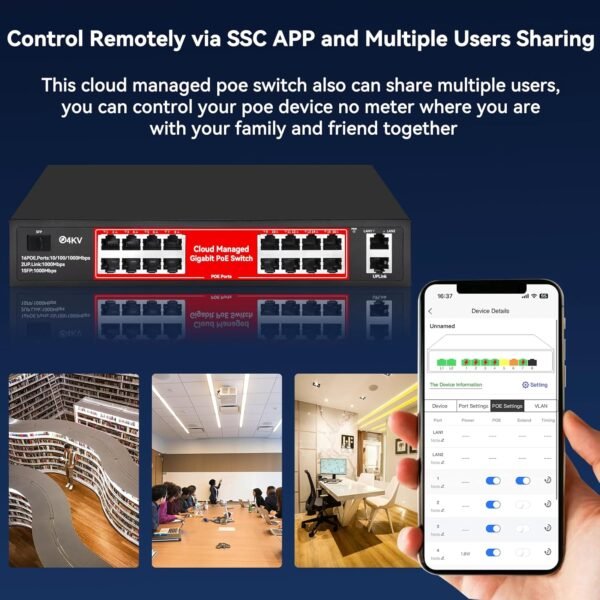 71bu945WfsL._AC_SL1500_.jpg STEAMEMO 16 Port Gigabit PoE Switch, Smart Managed Gigabit Ethernet Switch, 16 PoE+ Ports@240W, Plug and Play, Vlan, Fanless, Desktop or Rackmount, Overload Protection w/ Port