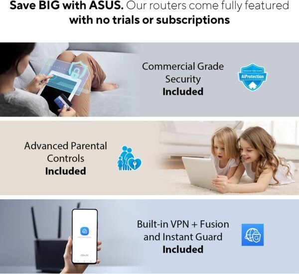 ASUS RT-AXE7800 Tri-band WiFi 6E (802.11ax) Router, 6GHz Band, ASUS Safe Browsing, Upgraded Network Security, Instant Guard, Built-in VPN Features, Parental Controls, 2.5G Port, AiMesh Support