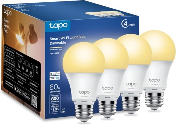Tapo TP-Link Smart Light Bulbs, 800 Lumens (60W Equivalent), 2700K Tapo TP-Link Smart Light Bulbs, 800 Lumens (60W Equivalent), 2700K Soft Warm White LED Bulb, Dimmable, Compatible with Alexa and Google Home, No Hub Required, A19 E26, L510E (4-Pack)