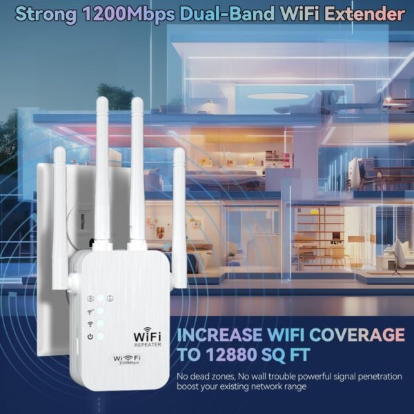 WiFi Extender, 2025 Fastest WiFi Booster 1200Mbps Dual Band (5GHz/2.4GHz) WiFi Extenders Signal Booster for Home, WiFi Repeater with Ethernet Port Covers up to 12880sq. ft and 55 Devices-Medium