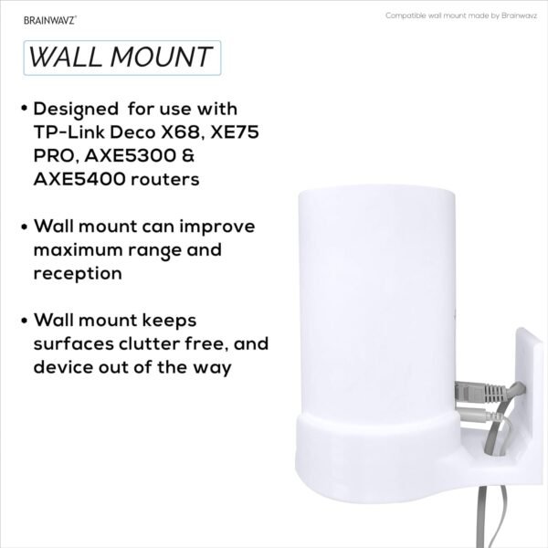 71wbEy7kF1L._AC_SL1500_.jpg Screwless Wall Mount for TP-Link Deco X68, XE75, XE75 PRO, AXE5300 & AXE5400, Easy to Install, No Mess, Reduce Interference & Increase Range, Stick On Adhesive Bracket, White by Brainwavz