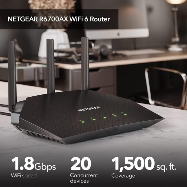 71zUaLjiIGL._AC_SL1500_.jpg NETGEAR 4-Stream WiFi 6 Router (R6700AX) – Security Features, AX1800 Wireless Speed (Up to 1.8 Gbps), Covers up to 1,500 sq. ft., 20 devices