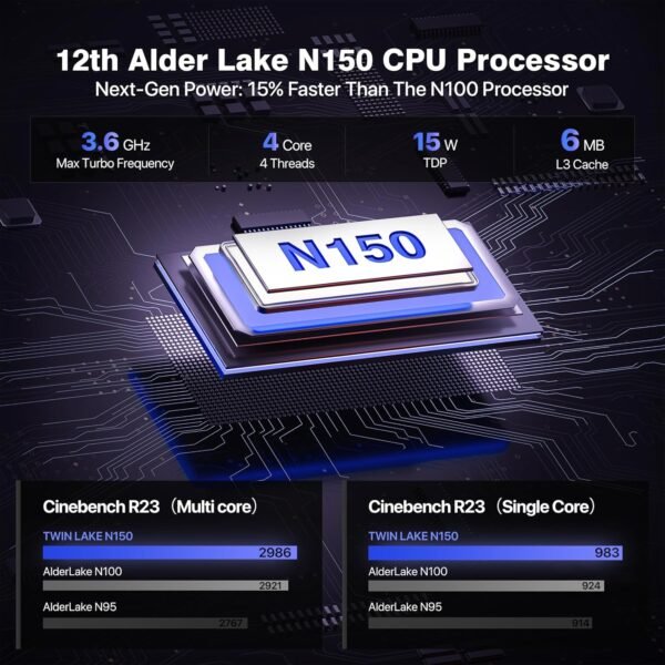 81-Z0R7Ys-L._AC_SL1500_.jpg Mini PC Computers 13th Intel Twin Lake N150 (Turbo 3.6GHz), 16GB DDR4 RAM 512GB PCIe3.0 SSD, WI6 Desktop Mini Computer with Type-C, RJ45 LAN Ethernet, 4K Triple Display, WiFi5, BT4.2