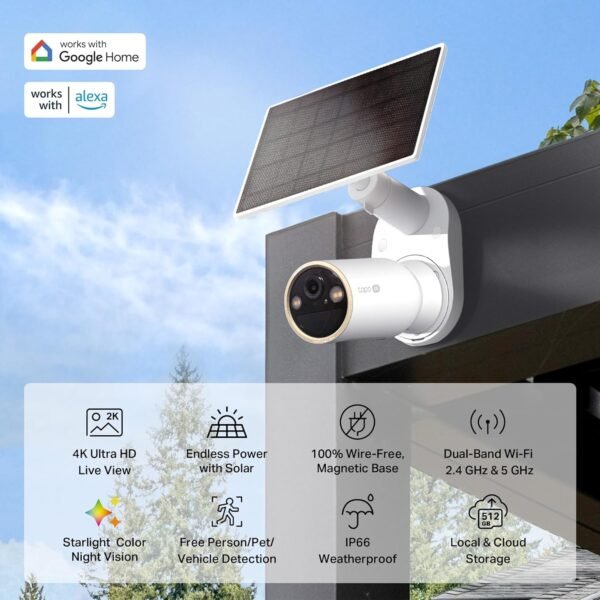 81LVLt2OTL._AC_SL1500_.jpg Tapo 4K Ultra HD SolarCam Outdoor Wireless Battery Camera w/Solar Panel – 24/7 Capture, Free Person/Vehicle Detection, Starlight Color Night Vision, Works w/Alexa & Google Home, SolarCam 4K