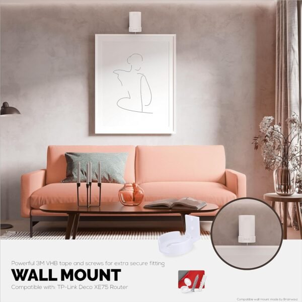 91217Xv3GFL._AC_SL1500_.jpg Screwless Wall Mount for TP-Link Deco X68, XE75, XE75 PRO, AXE5300 & AXE5400, Easy to Install, No Mess, Reduce Interference & Increase Range, Stick On Adhesive Bracket, White by Brainwavz