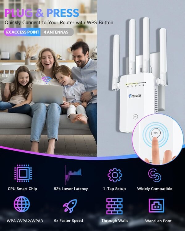 2025 New WiFi Extender Signal Booster, Long Range up to 13355Sq.ft, Wireless Internet Repeater Routers Signal Amplifier for Home, Office, Garage, 8X Faster Access Point with Ethernet Port, 1-Tap Setup