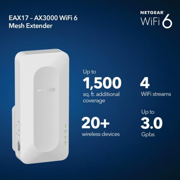 51uFgN0fMSL._AC_SL1200_.jpg NETGEAR WiFi 6 Mesh Range Extender (EAX17) – Add up to 1,500 sq. ft. and 20+ Devices with AX3000 Dual-Band Wireless Signal Booster & Repeater (up to 3.0Gbps Speed) – WPA Security, Smart Roaming