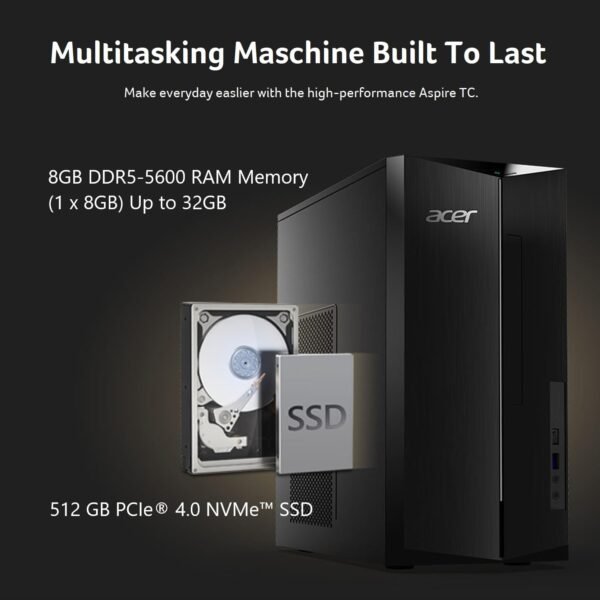 acer Aspire TC-1785-UA92 Desktop | Intel Core i5-14400 10-Core Processor | 8GB DDR5-5600 Memory | 512GB PCIe 4.0 NVMe SSD | SD Card Reader | Wi-Fi 6E | Windows 11 Home