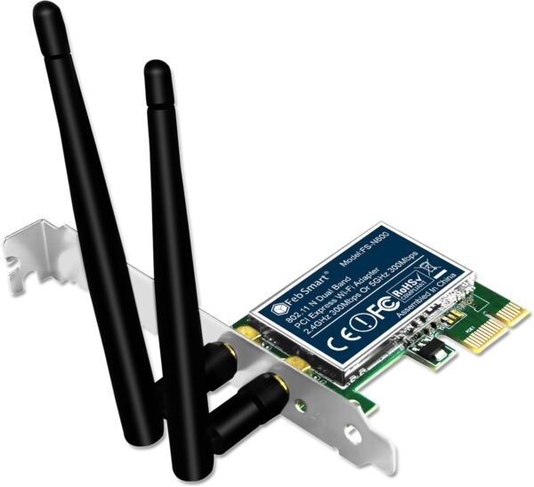 Wireless N Dual Band 600Mbps (2.4GHz 300Mbps or 5GHz 300Mbps) PCIE WiFi Adapter for Windows 11, 10, 8.x, 7, XP (32/64bit) and Windows Server Desktop PCs, 2X2 MIMO PCIE WiFi Card (FS-N600)