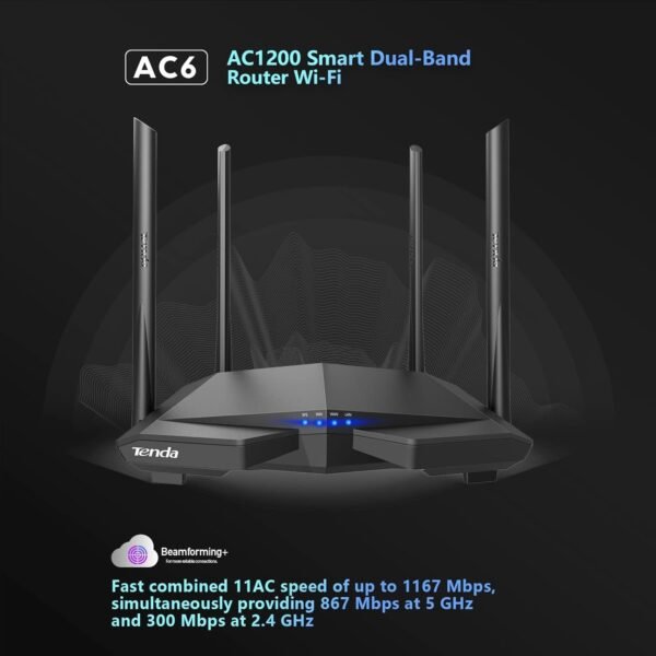 61GgIy7OJQL._AC_SL1500_.jpg Tenda AC1200 Smart WiFi Router, High Speed Dual Band Wireless Internet Router with Smart APP, 4 x 100 Mbps Fast Ethernet Ports, Supports Guest WiFi, Access Point Mode, IPv6 and Parental Controls(AC6)