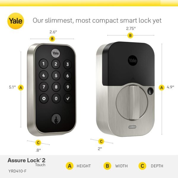 Yale Security Assure Lock 2 Touch Deadbolt, Satin Nickel Keyed Smart Entry Door Lock with Wi-Fi Connected Keypad and Fingerprint Scanner for Code Entry and Remote Access, YRD410-F-WF1-619