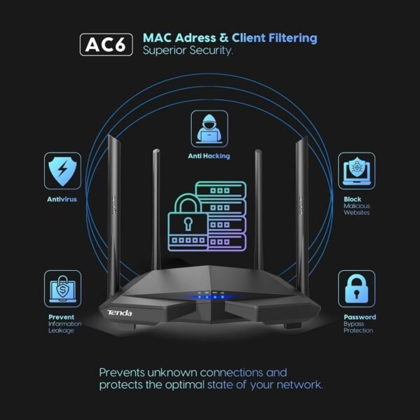 61KNdt7pIL._AC_SL1500_.jpg Tenda AC1200 Smart WiFi Router, High Speed Dual Band Wireless Internet Router with Smart APP, 4 x 100 Mbps Fast Ethernet Ports, Supports Guest WiFi, Access Point Mode, IPv6 and Parental Controls(AC6)