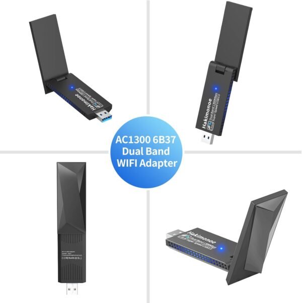 AC1300 USB 3.0 WiFi Adapter for PC, Super-Fast Wireless Network Card Dongle High Gain 5dBi Antenna Dual Band 2.4G/5GHz w/USB Driver for Win 11 10 8.1 8 7 Laptop Desktop, Plug n Play