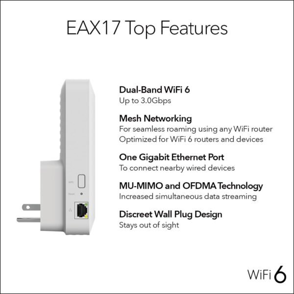 61ShhE1aoFL._AC_SL1200_.jpg NETGEAR WiFi 6 Mesh Range Extender (EAX17) – Add up to 1,500 sq. ft. and 20+ Devices with AX3000 Dual-Band Wireless Signal Booster & Repeater (up to 3.0Gbps Speed) – WPA Security, Smart Roaming