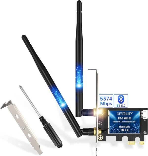 EDUP PCIe WiFi 6E Card Bluetooth 5.2 AX 5400 Mbps EDUP PCIe WiFi 6E Card Bluetooth 5.2 AX 5400 Mbps AX210 Tri-Band 6Ghz/5.8GHz/2.4GHz PCI-E Wireless WiFi Network Adapter Card for Desktop PC Windows10/11 64-bit