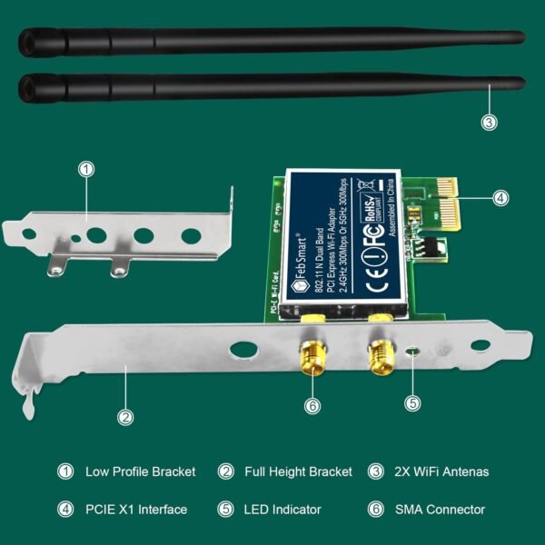 Wireless N Dual Band 600Mbps (2.4GHz 300Mbps or 5GHz 300Mbps) PCIE WiFi Adapter for Windows 11, 10, 8.x, 7, XP (32/64bit) and Windows Server Desktop PCs, 2X2 MIMO PCIE WiFi Card (FS-N600)