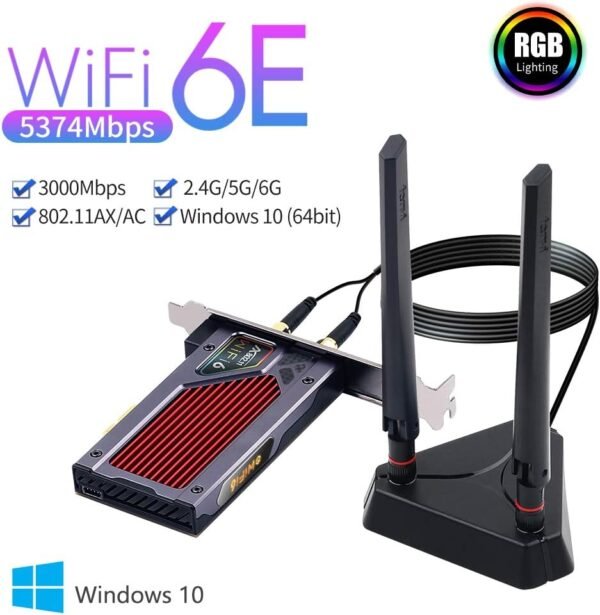 fenvi AX210 WiFi 6E PCI-E WiFi Adapter BT5.2 RGB Gaming 802.11ax ac 160MHz 2.4GHz 5GHz 6GHz Tri-Band 5400Mbps AX210NGW Desktop WiFi Card for PC Windows(Only WiFi 6E Router Antennas Support 6Ghz Band)