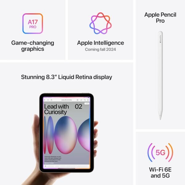 Apple iPad mini (A17 Pro): Apple Intelligence, 8.3-inch Liquid Retina Display, 256GB, Wi-Fi 6E + 5G Cellular, 12MP Front/12MP Back Camera, Touch ID, All-Day Battery Life — Space Gray