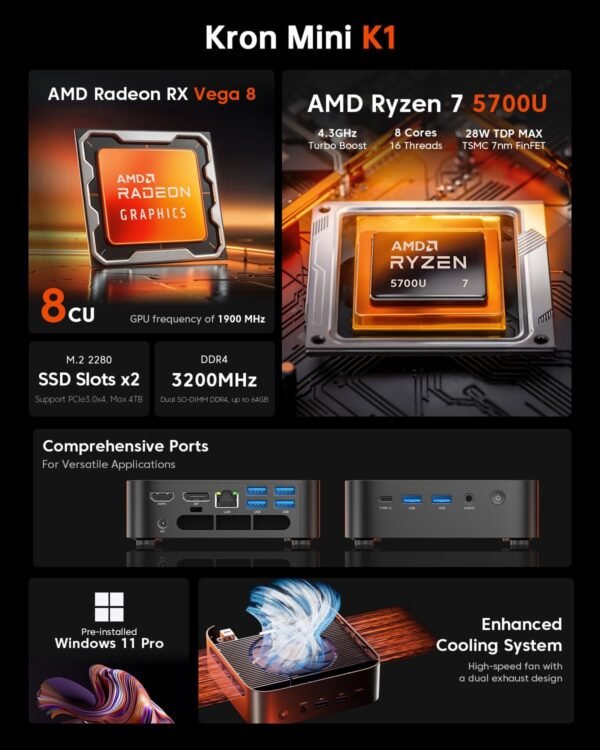 ACEMAGICIAN Kron Mini K1 Mini PC, Ryzen 7 5700U, 16GB DDR4 512GB SSD Mini Computers (8C/16T, up to 4.3Ghz), Light Gaming Desktop 4K Triple Display Mini Desktop Bluetooth/WiFi6/Office