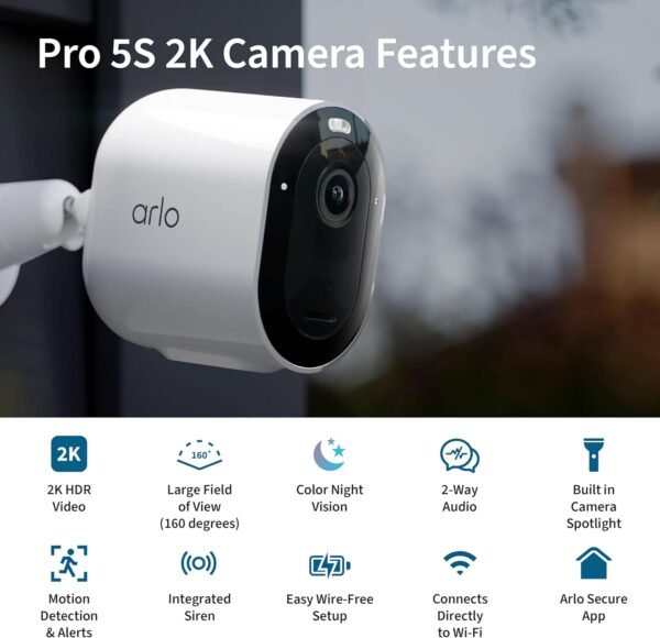 Arlo Pro 5S Spotlight Security Camera 2K HDR | Outdoor | Wireless | Dual-Band Wi-Fi Connects to Strongest Network |12X Zoom, 2-Way Audio, Siren, Color Night Vision,Live Stream(White, 4 Cameras)