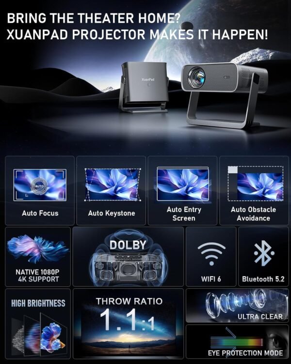 [Netflix Officially & Dolby Audio] XuanPad 4K Projector with WiFi and Bluetooth, Auto Focus & Keystone, 1.1 Short Throw, Smart Home Movie Projector with 280°Adjustable Stand