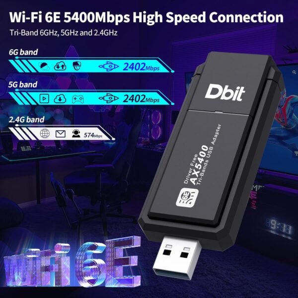DBIT WiFi6E USB 3.0 WiFi Adapter for PC, AX5400M 802.11AX, Tri-Band 6GHz/5GHz/2.4GHz, WPA3, Wireless USB WiFi Dongle Network Adapter for PC Laptop, Only Compatible with Windows 11/10
