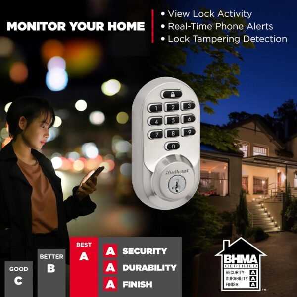Kwikset Halo Wi-Fi Smart Lock, Keyless Entry Door Deadbolt, Geofence Auto-Unlock, Grade AAA Certified, No Hub Easy Install, Satin Nickel Lifetime Finish Warranty, Backlit Keypad