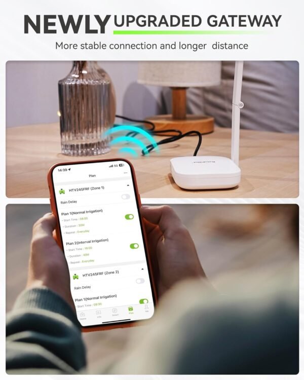 71Dmf2jSpBL._AC_SL1500_.jpg RAINPOINT WiFi Water Timer for Garden Hose, 2 Zone Smart Hose Timer WiFi Sprinkler Controller with Antenna Gateway, APP Remote Control, Weather-Based Smart Watering System for Lawn and Yard