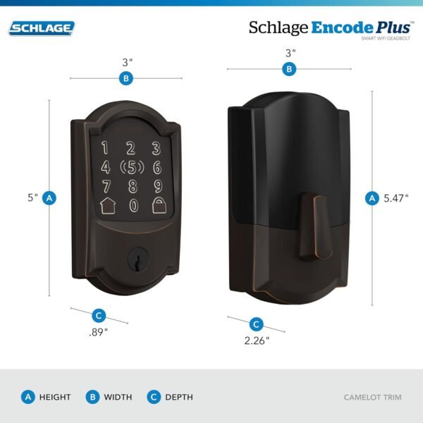 71EffX7ZadL._AC_SL1500_.jpg Schlage BE499WB CAM 716 Encode Plus WiFi Deadbolt Smart Lock, Keyless Entry Touchscreen Door Lock with Camelot Trim, Aged Bronze