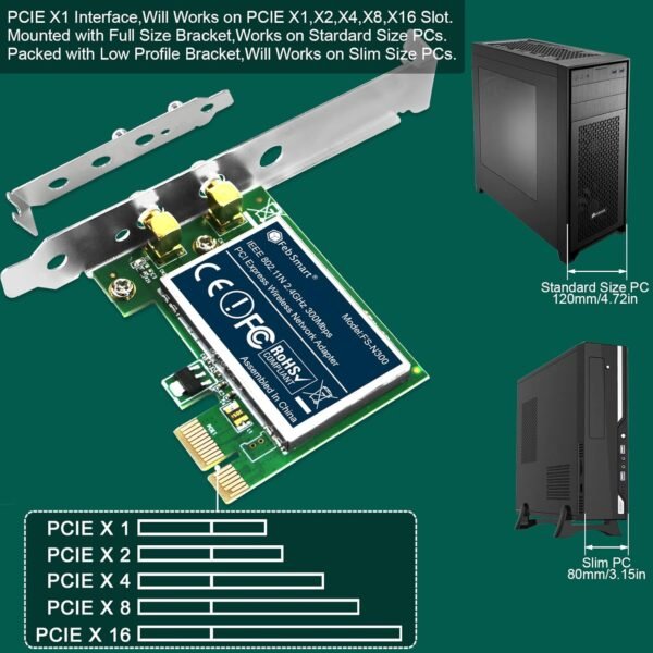 Wireless N Dual Band 600Mbps (2.4GHz 300Mbps or 5GHz 300Mbps) PCIE WiFi Adapter for Windows 11, 10, 8.x, 7, XP (32/64bit) and Windows Server Desktop PCs, 2X2 MIMO PCIE WiFi Card (FS-N600)