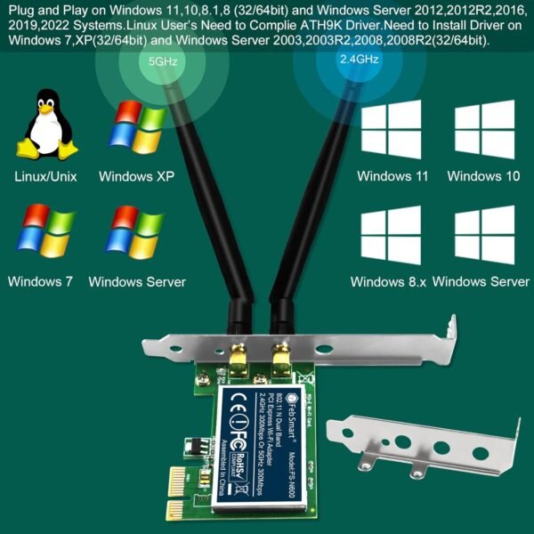 Wireless N Dual Band 600Mbps (2.4GHz 300Mbps or 5GHz 300Mbps) PCIE WiFi Adapter for Windows 11, 10, 8.x, 7, XP (32/64bit) and Windows Server Desktop PCs, 2X2 MIMO PCIE WiFi Card (FS-N600)