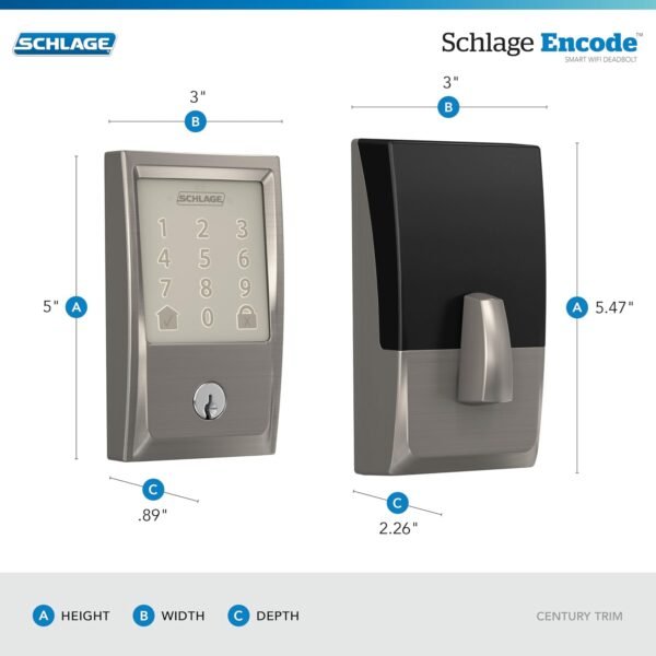 71NQeXmdfdL._AC_SL1500_.jpg Schlage Encode Smart WiFi Deadbolt Lock for Front Door - Keyless Entry with App or Touchscreen - Works with Alexa, Hey Google, & Airbnb - Create Codes for Guests - Satin Nickel Silver