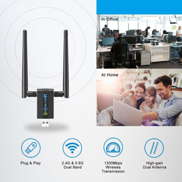 Wireless USB WiFi Adapter for PC: 1300Mbps 5G/2.4G Dual 5dBi High-gain Antennas WiFi Adapter for Desktop PC, Wireless Network Dongle for Windows11/10/7