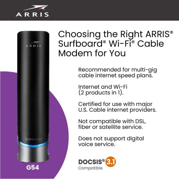 ARRIS (G54) - Cable Modem Router Combo - Fast DOCSIS 3.1 Multi-Gigabit & BE 18000 WiFi 7 Comcast Xfinity, Cox, Spectrum Quad-Band 1, Up to 18 Gbps Max Speed