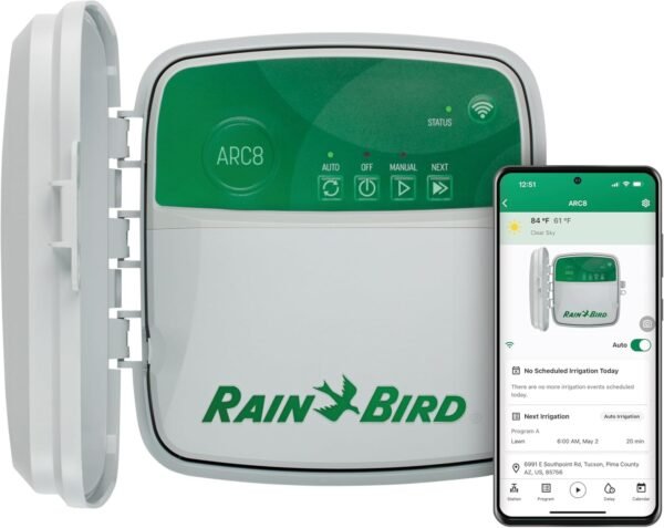 Rain Bird ARC8 App-Based Indoor/Outdoor Smart Irrigation WiFi Timer/Controller, 8-Zone/Station, Rain Bird ARC8 App-Based Indoor/Outdoor Smart Irrigation WiFi Timer/Controller, 8-Zone/Station, EPA WaterSense Certified, Compatible with Alexa