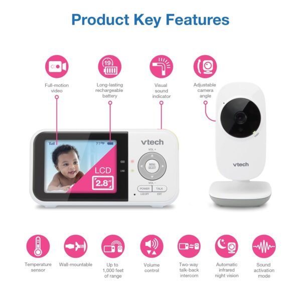 VTech VM819 Baby Monitor with Camera and Audio, 2.8” Screen Portable Baby Camera, Night Vision, 2-Way Audio, Temperature Sensor and Lullabies, Secure Transmission No WiFi, Ideal for Baby/Elderly/Pet
