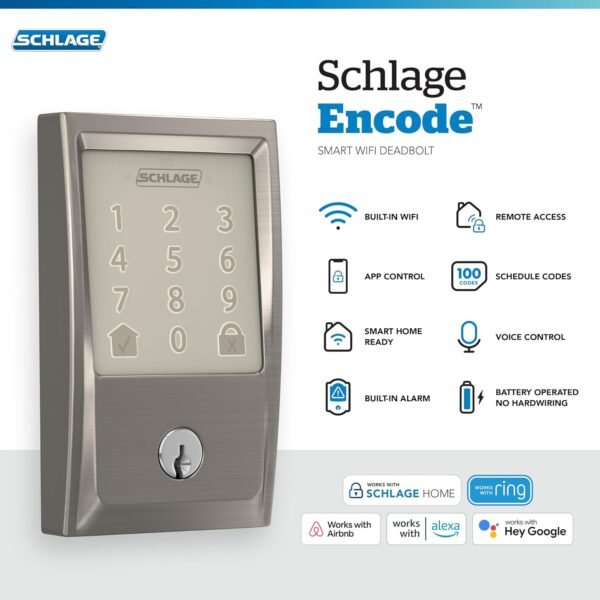 71cPuKCgfdL._AC_SL1500_.jpg Schlage Encode Smart WiFi Deadbolt Lock for Front Door - Keyless Entry with App or Touchscreen - Works with Alexa, Hey Google, & Airbnb - Create Codes for Guests - Satin Nickel Silver