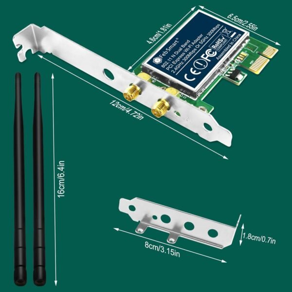 Wireless N Dual Band 600Mbps (2.4GHz 300Mbps or 5GHz 300Mbps) PCIE WiFi Adapter for Windows 11, 10, 8.x, 7, XP (32/64bit) and Windows Server Desktop PCs, 2X2 MIMO PCIE WiFi Card (FS-N600)