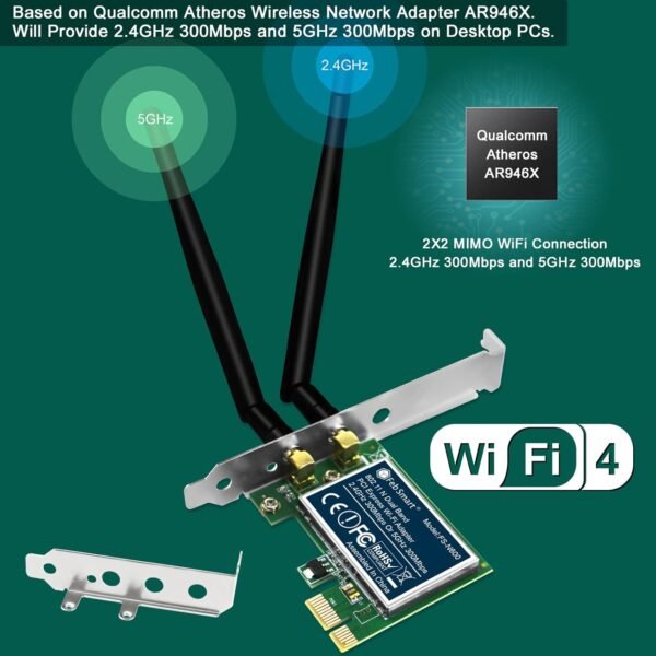 Wireless N Dual Band 600Mbps (2.4GHz 300Mbps or 5GHz 300Mbps) PCIE WiFi Adapter for Windows 11, 10, 8.x, 7, XP (32/64bit) and Windows Server Desktop PCs, 2X2 MIMO PCIE WiFi Card (FS-N600)