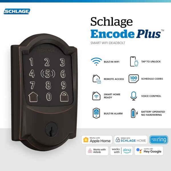 71f22LOMwL._AC_SL1500_.jpg Schlage BE499WB CAM 716 Encode Plus WiFi Deadbolt Smart Lock, Keyless Entry Touchscreen Door Lock with Camelot Trim, Aged Bronze