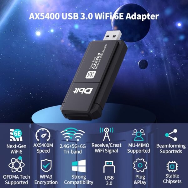 DBIT WiFi6E USB 3.0 WiFi Adapter for PC, AX5400M 802.11AX, Tri-Band 6GHz/5GHz/2.4GHz, WPA3, Wireless USB WiFi Dongle Network Adapter for PC Laptop, Only Compatible with Windows 11/10