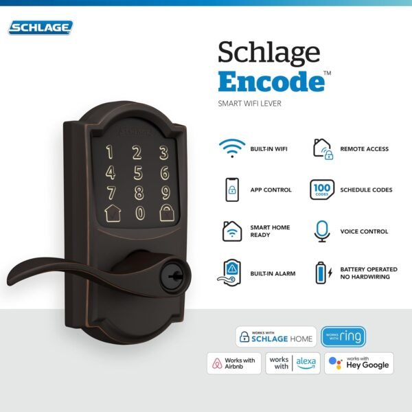 Schlage FE789WB CAM 716 Acc Encode WiFi Accent Lever Smart Lock, Keyless Entry Touchscreen Door Lock with Camelot Trim, Aged Bronze