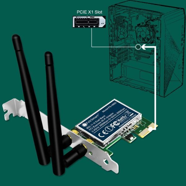 Wireless N Dual Band 600Mbps (2.4GHz 300Mbps or 5GHz 300Mbps) PCIE WiFi Adapter for Windows 11, 10, 8.x, 7, XP (32/64bit) and Windows Server Desktop PCs, 2X2 MIMO PCIE WiFi Card (FS-N600)